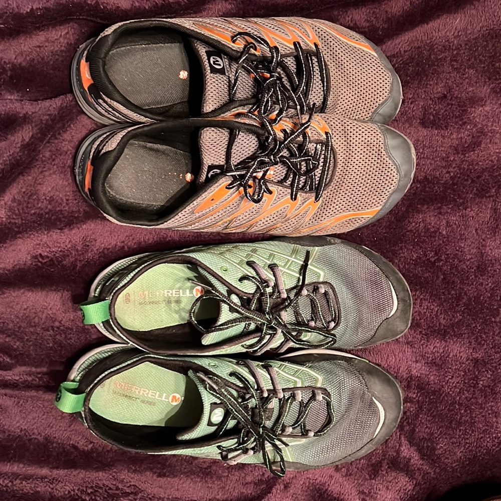 Two pairs of merrell barefoot type running shoes